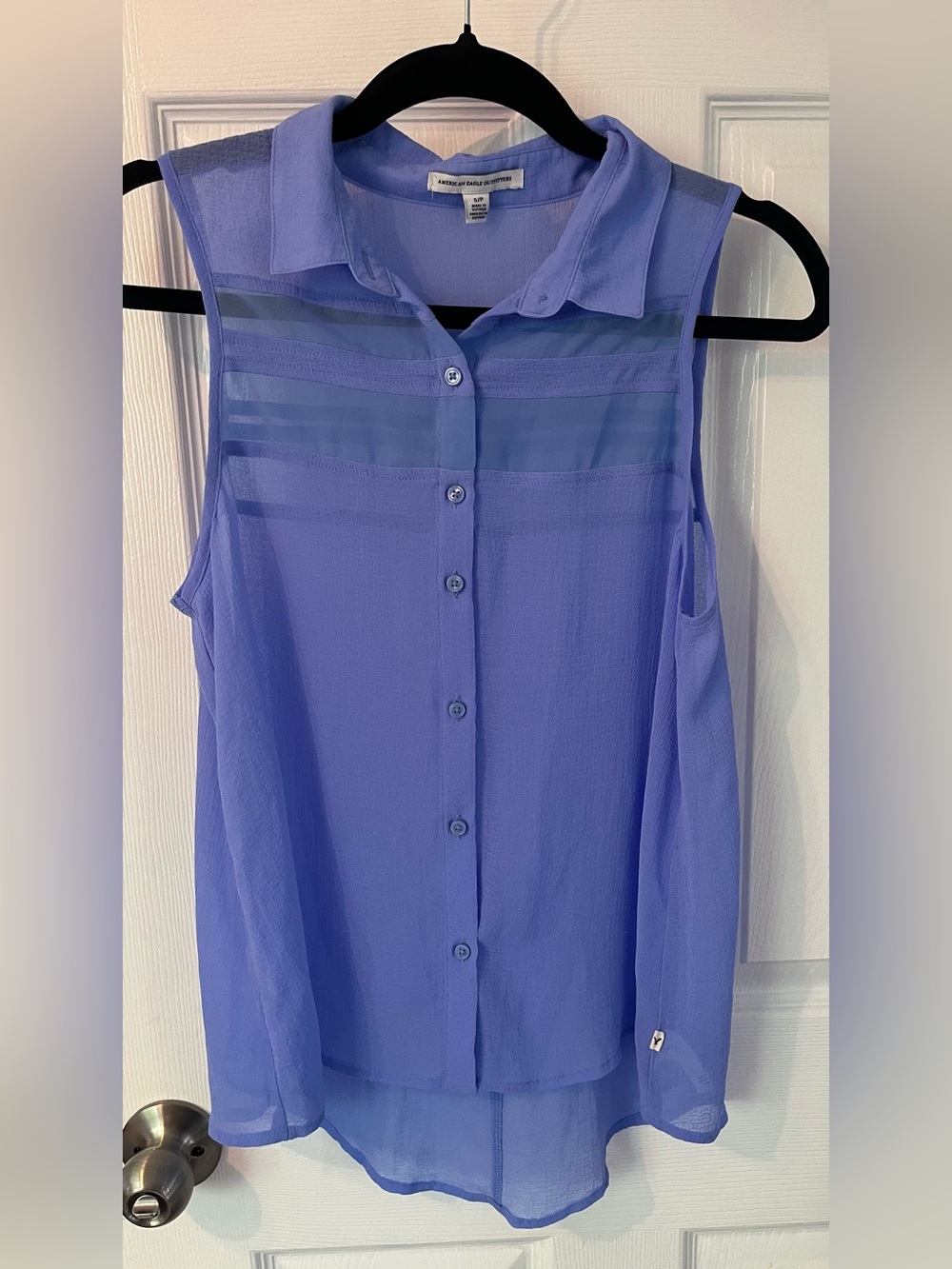 American Eagle Outfitters Blue Sheer Button-Front Sleeveless Blouse